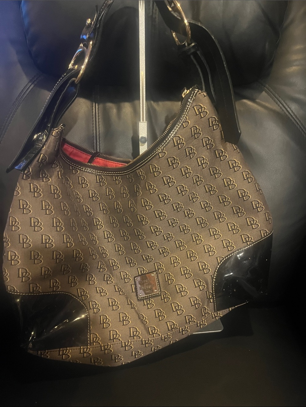 Rehab Dooney and Burke Brown Monogram Shoulder Bag with Black Patent Trim